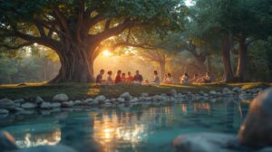 Group gathering by serene water