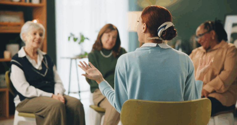 Group therapy session with participants sharing and listening, representing supportive mental health and addiction treatment at Rooted Stillness virtual IOP in Newport Beach.
