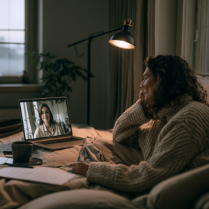 Woman attending an online therapy session from home, illustrating Virtual IOP vs weekly therapy and highlighting Virtual IOP available at Rooted Stillness.