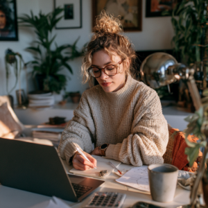 Woman working on a laptop while taking notes at home, showing how work may fit around a Virtual IOP available at Rooted Stillness.