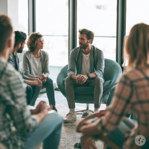 Adults participating in a rehab support group, representing the first steps toward addiction treatment and recovery at Rooted Stillness.