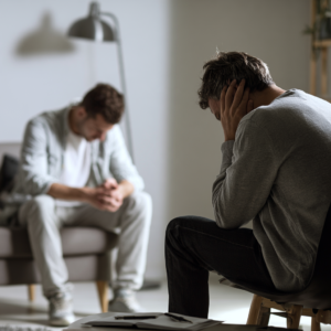 Man struggling emotionally during an addiction treatment session, representing when to seek professional help and recovery support at Rooted Stillness.