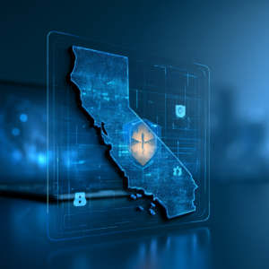 Digital map of California with a healthcare shield icon, representing insurance coverage for virtual Intensive Outpatient Programs (IOP) and mental health treatment services available at Rooted Stillness.