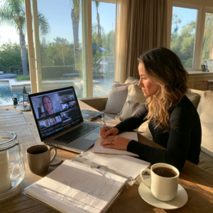 Woman taking notes while attending a virtual Intensive Outpatient Program (IOP) session on her laptop from home, representing online mental health treatment services available at Rooted Stillness in California.