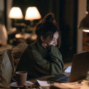 Woman sitting at home looking concerned while using a laptop, representing virtual Intensive Outpatient Program (IOP) treatment for dual diagnosis, addiction, and mental health services available at Rooted Stillness.
