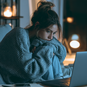 Woman sitting alone on a couch looking distressed beside a laptop, representing addiction struggles and virtual Intensive Outpatient Program (IOP) treatment services available at Rooted Stillness in California.
