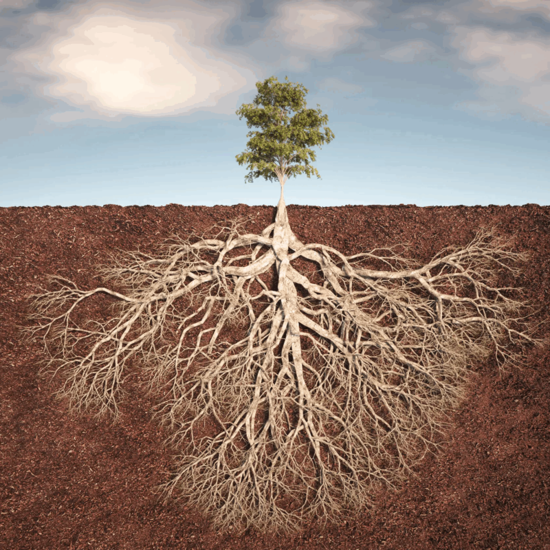 Tree with visible root system beneath the soil representing addressing the root causes of mental health and addiction at Rooted Stillness virtual IOP in Newport Beach