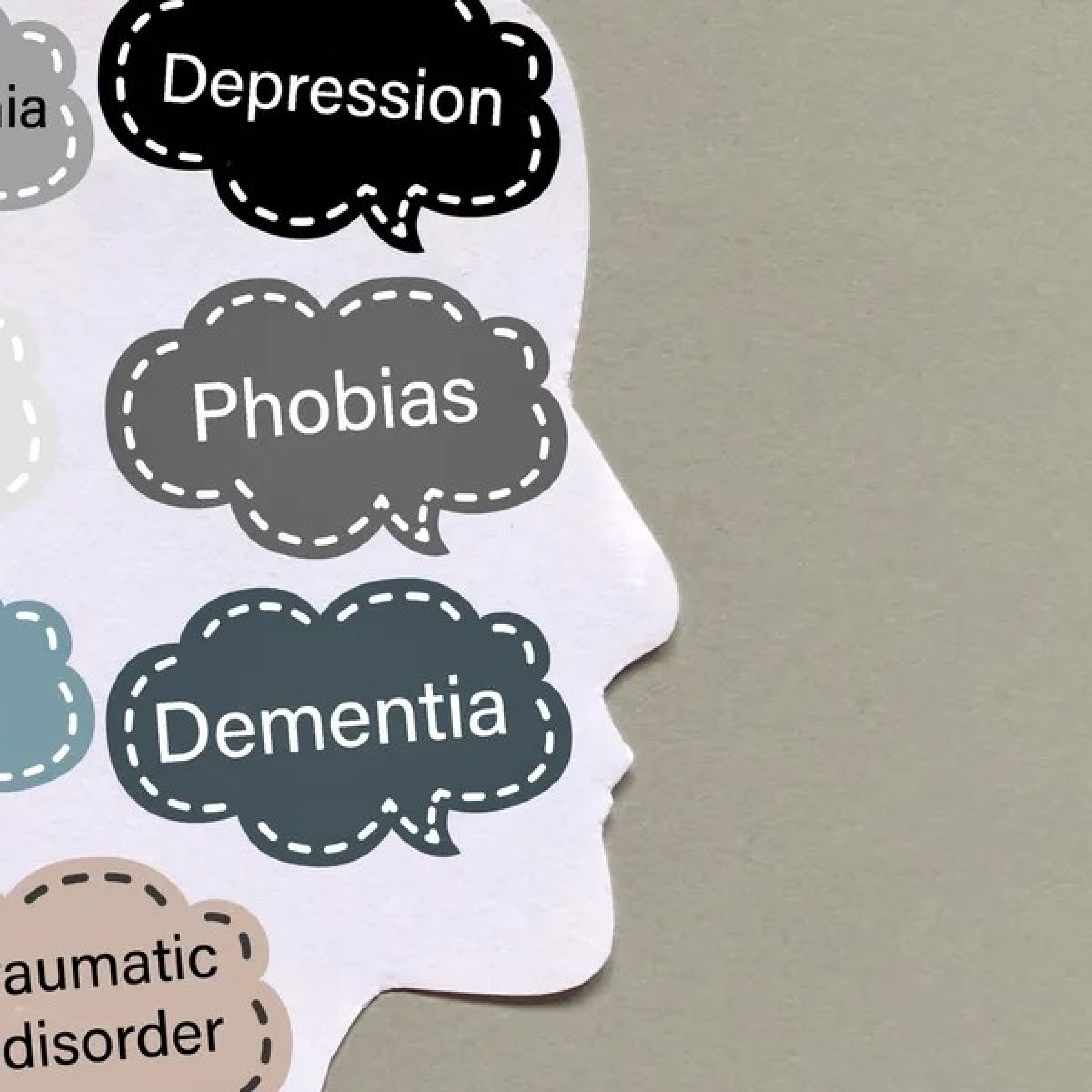 Illustration of mental health conditions including depression, bipolar disorder, PTSD, and anxiety, representing comprehensive treatment at Rooted Stillness virtual IOP in Newport Beach.